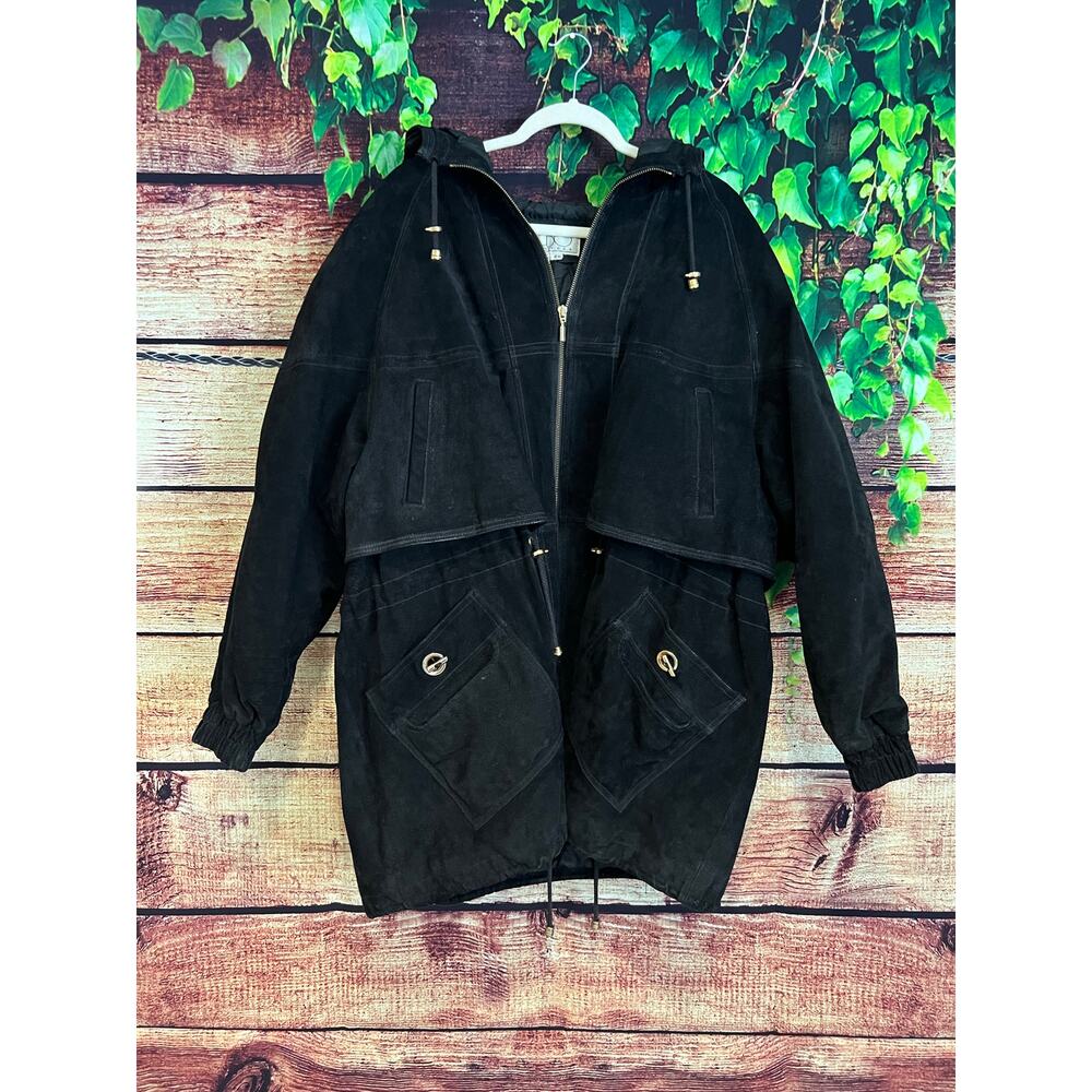 OBO New York Black Leather Hooded Jacket Coat Motorcycle Biker Full Zip Women 2X